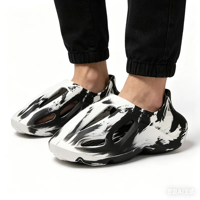 Sandalias de playa para hombre, zapatillas de jardín huecas para mujer, sandalias de diseñador con efecto tie-dye, zapatillas unisex con orificios, zapatillas de agua, sandalias sin cordones de espuma.