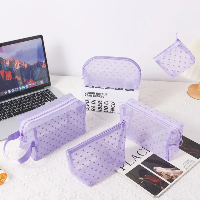 1pcs Clear Purple Transparent Mesh Cosmetic Bag Heart Wave Point Make Up Bag Simple Portable Wash Pouch Travel Storage Bags