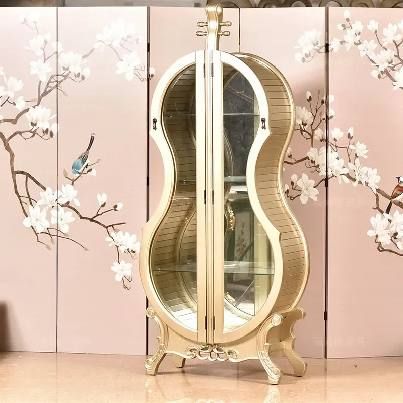 Solid Wood Carved Flower Double Door Glass Wine Cabinet Living Room Decorative Display Locker for Bottle Storage