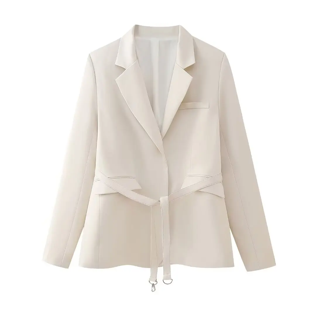 Tangada 2024 Women Beige Blazer Jacket With Slash Long Sleeve Ladies Suit BE084