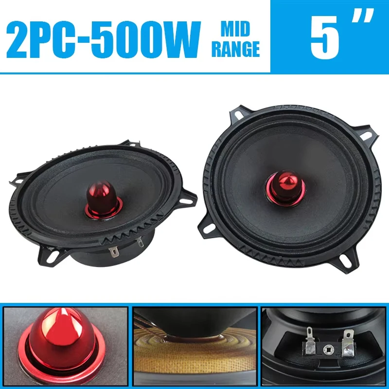 1 Pair 500W Car Mid Range Speaker 5-inch Bullet Top Design High-Fidelity Stereo Sound Upgrade Car Audio for Universal Vehicles