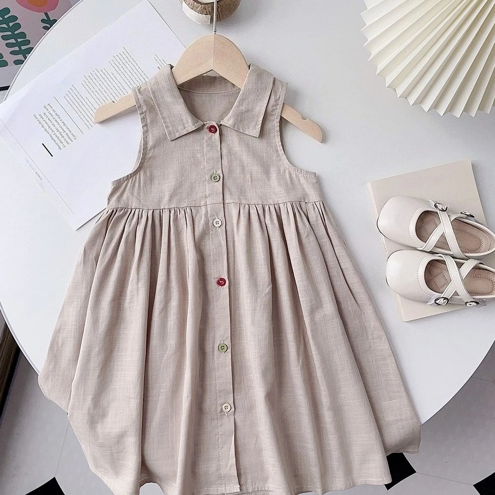 أزياء الصيف النسخة الكورية 3-7 سنوات الفتيات أكمام واحدة الصدر بلون اللباس 1 قطعة ملابس كاجوال للأطفال #4