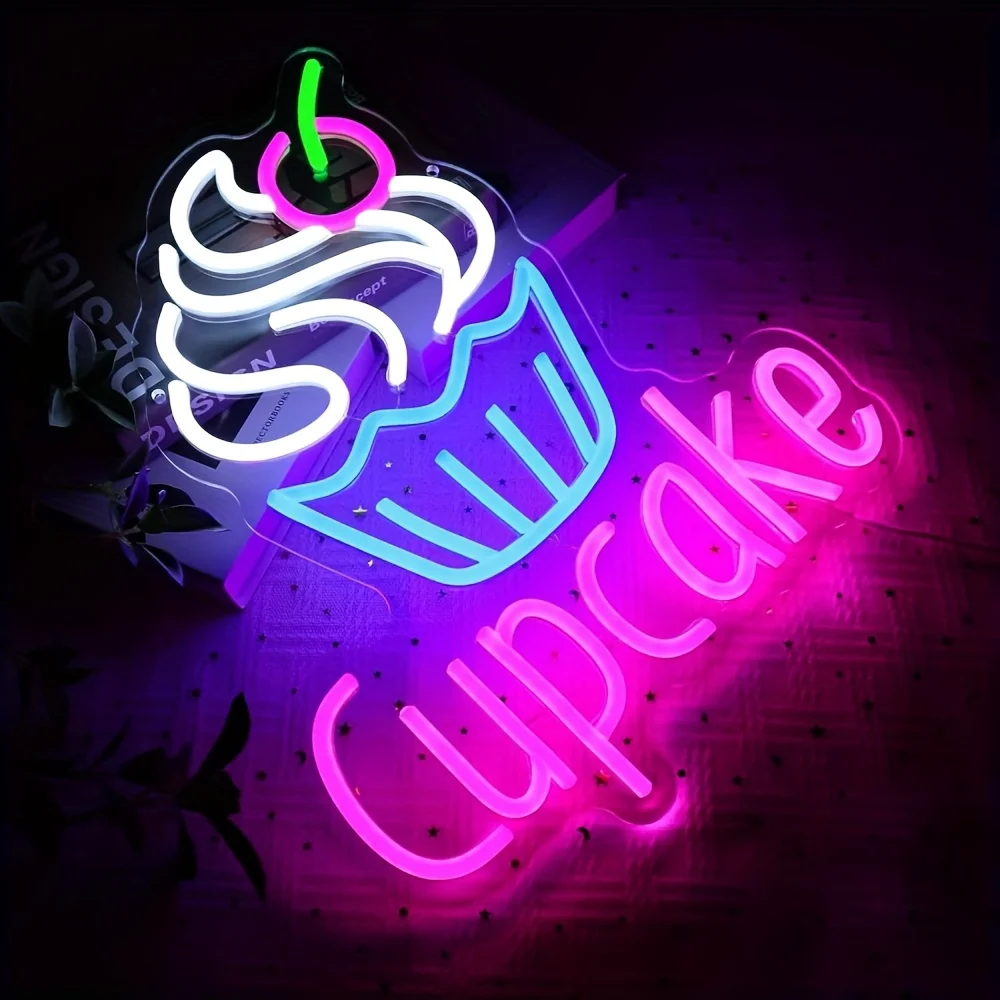 Cupcake Neon Sign USB Powered Dimmable LED Cake Dessert Neon Light Sign for Baking Shop Cafe Home Baking Wall Art Decor Gift