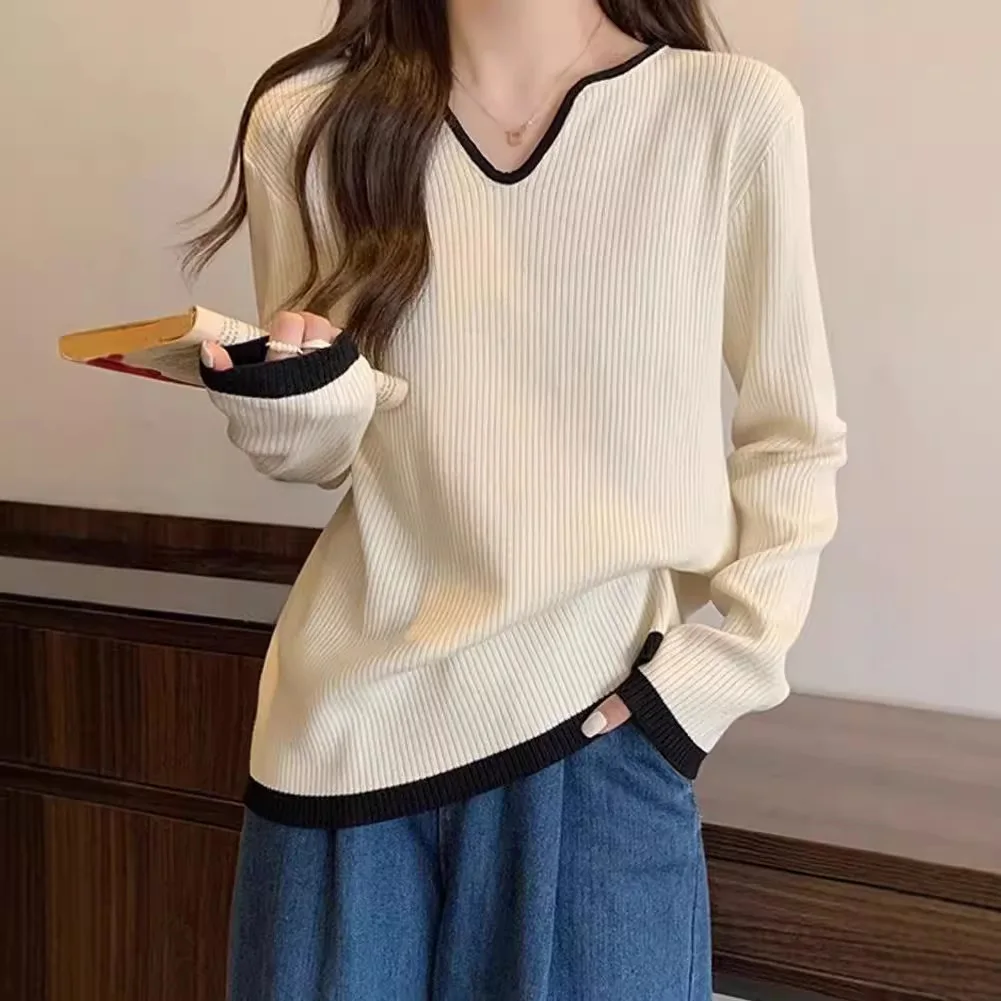 

Новая женская свободная приталенная универсальная футболка с V-образным вырезом и длинными рукавами для женщин на весну и осень 2026