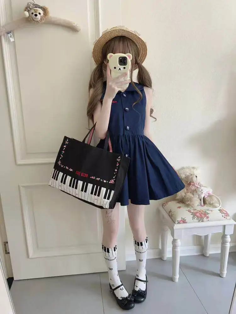 Summer Age-reducing Navy Blue Mini Dress Cute Girls Doll Collar College Style Sleeveless Short Dress
