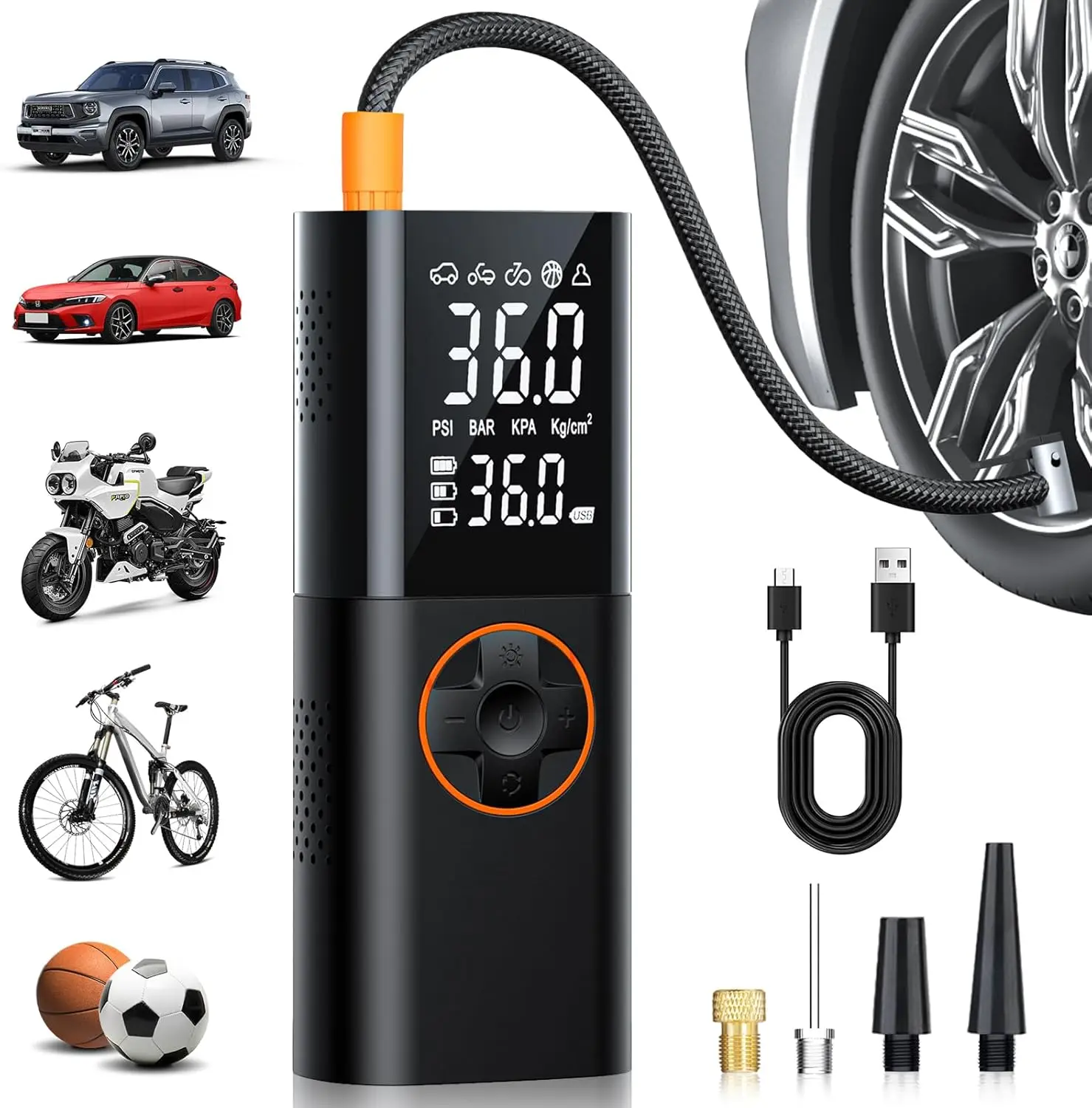 Portable Cordless Air Compressor 150PSI Fast Inflator for Car Bike Tires with Digital Gauge LED Light