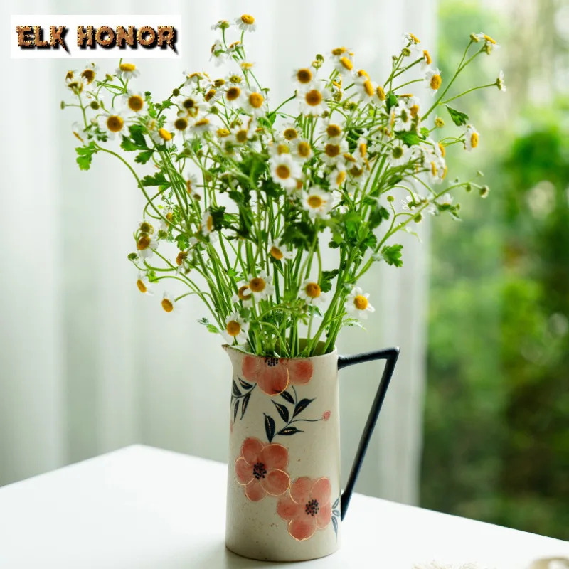 450ml Hand-painted Peach Blossom Vase Vintage Room Decor Flower Basket Plant Pot Household Flowerpot Chinese Tea Set Collection