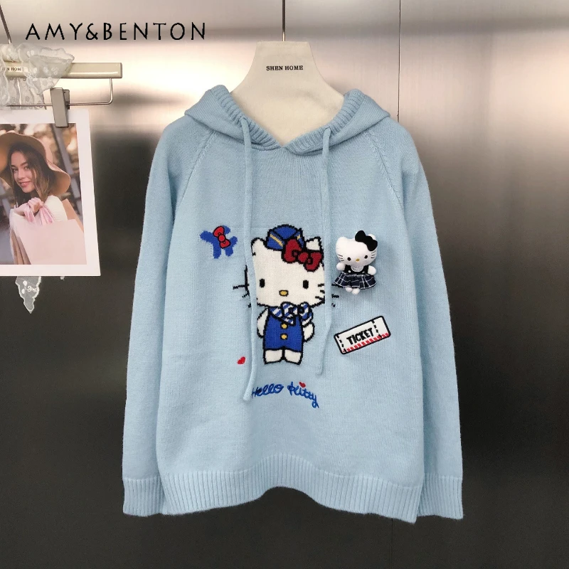 

New Korean Style Sweet And Stylish Versatile Cartoon Jacquard Knitwear Fashion Loose Casual Blue Hooded Pullover Sweater Women