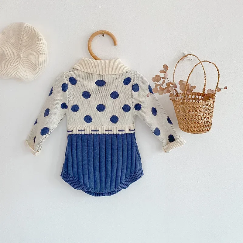 

Baby Girl Autumn Clothes 2023 Newborn Polka Dot Knit Bodysuit Patchwork False Sets for Baby Jumpsuits