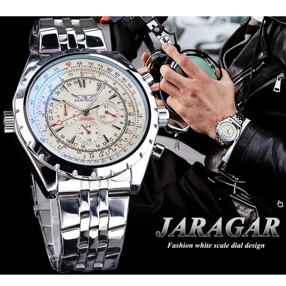 Jaragar Mechanisch Horloge Voor Mannen Luxe Horloge Grote Wijzerplaat Kalenderweek Display Lichtgevende Rvs Mannen Horloge Reloj Hombre