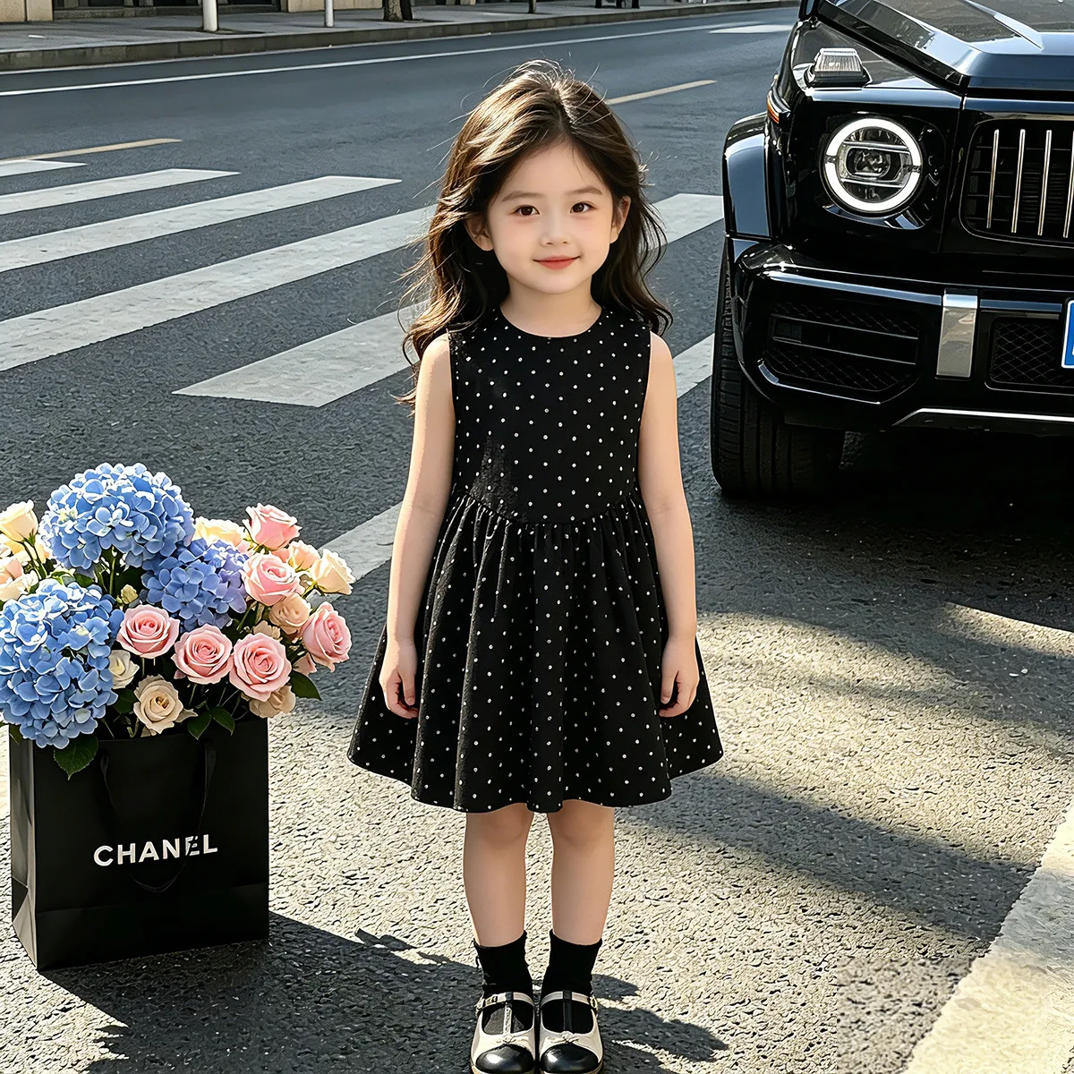 Girls Black Polka Dot Dress 2026 Summer Simple Elegant Sleeveless Cami Princess Dress Kids Sundress
