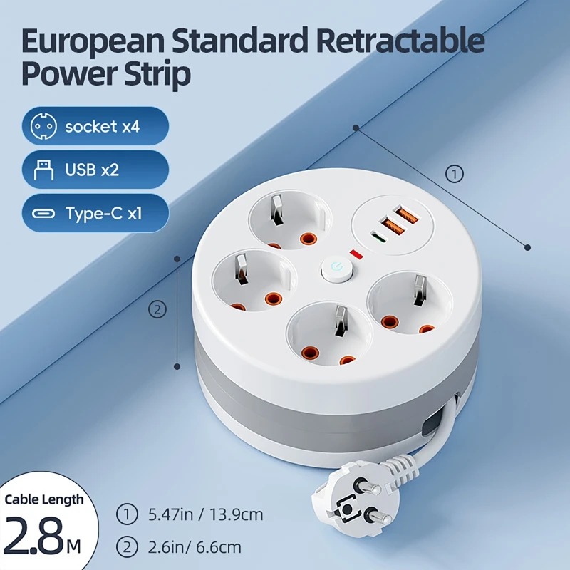 Power Strip Wall Socket Extender with 2.8 meter extension line 4 AC Outlets 2 USB Ports And 1 Type C EU Plug Charger Switch