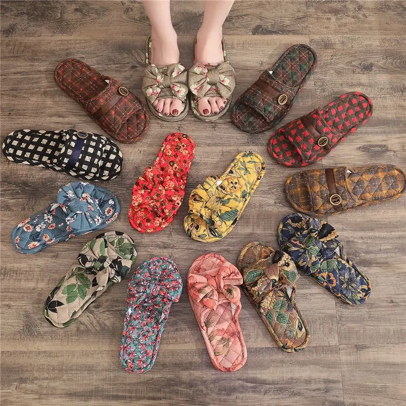 Summer Silent Fabric Bottom Slippers Indoor Home Use Pure Cotton Fabric Bow Tie Female Soft Sole Lightweight Four Seasons Male