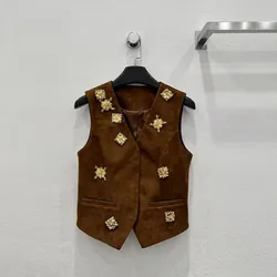 2024 Women Fashion New Genuine Sheepskin Leather Vest French Style Beaded Retro Suede Vest