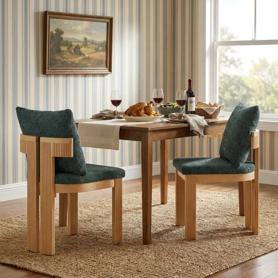 Indoor Boucle Dining Chair Set of 2, Rubber Wood Frame, Plush Green Boucle Seating, 250lbs Weight Capacity for Kitchen and Dini