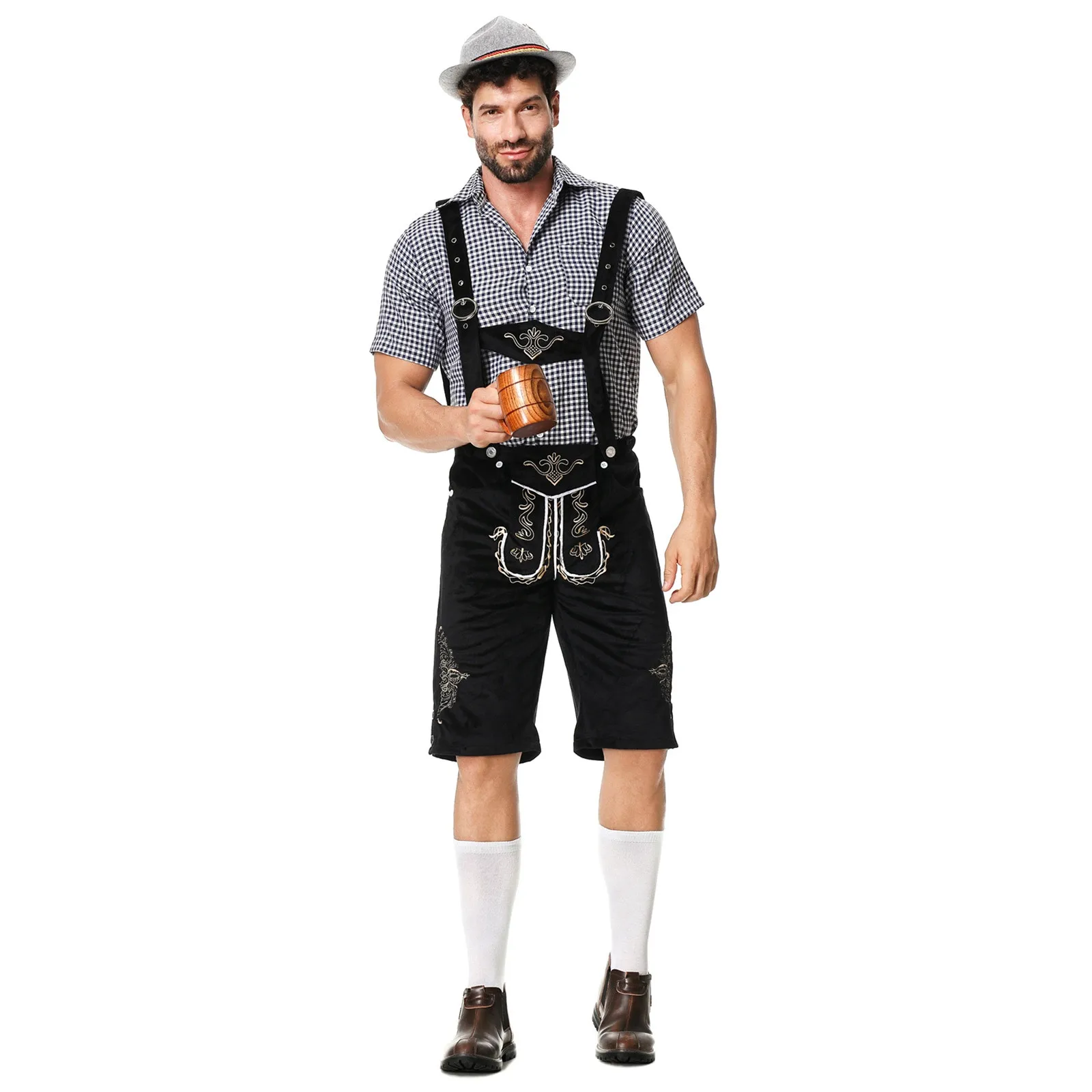 Pantalones de babero del Oktoberfest tradicional alemán con camisa a cuadros, conjunto de dos piezas, disfraces de Cosplay, traje de pantalones de Halloween