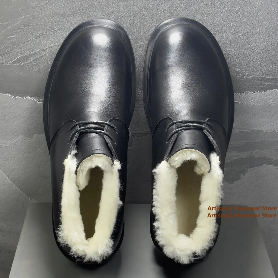 

Thick Soled Warm Cowhide Snow Boots Winter Cotton Shoes Men's Boots Wool and Plush High Top and Anti Slip Lace Up Ankle Boots