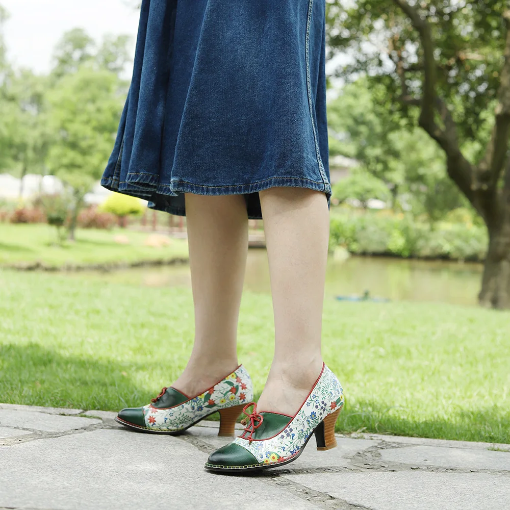 Socofy Raffan Luxury Summer Vintage Printed Genuine Leather Block Mid Heel Ankle Hook Loop Women Pumps