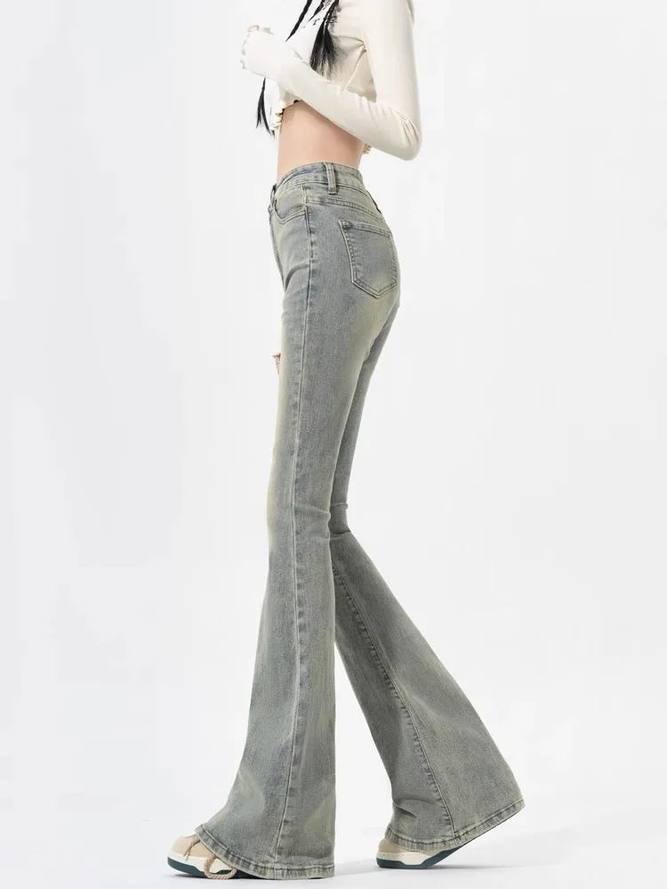 

Retro High Waist Bell Bot Denim Jeans Women's Autumn Winter New Sle Waed out Color Long Trousers Faionable Cotton Po...