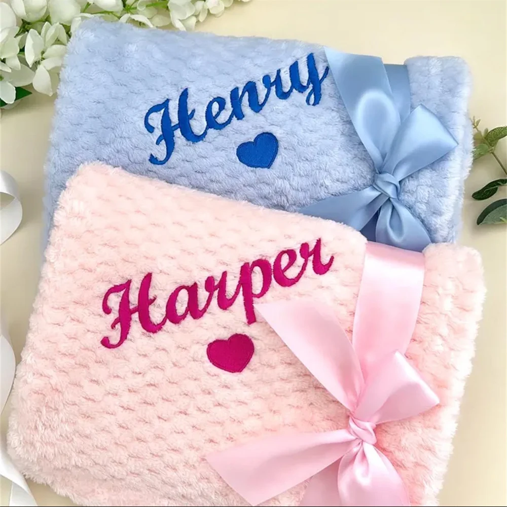 

Custom Embroidered Name Soft Blanket Flannel Blanket Personalized Name Unique Kids Birth Gift Blanket Solid Color New Mom's Gift