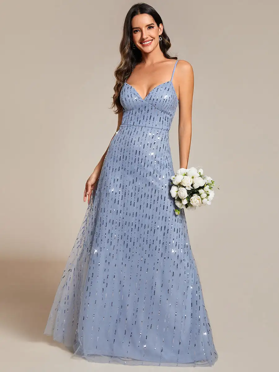 

Elegant Evening Dresses Maxi Long Tulle Sequin V Neck Spaghetti Straps 2025 Ever Pretty of Light Blue Bridesmaid Dress