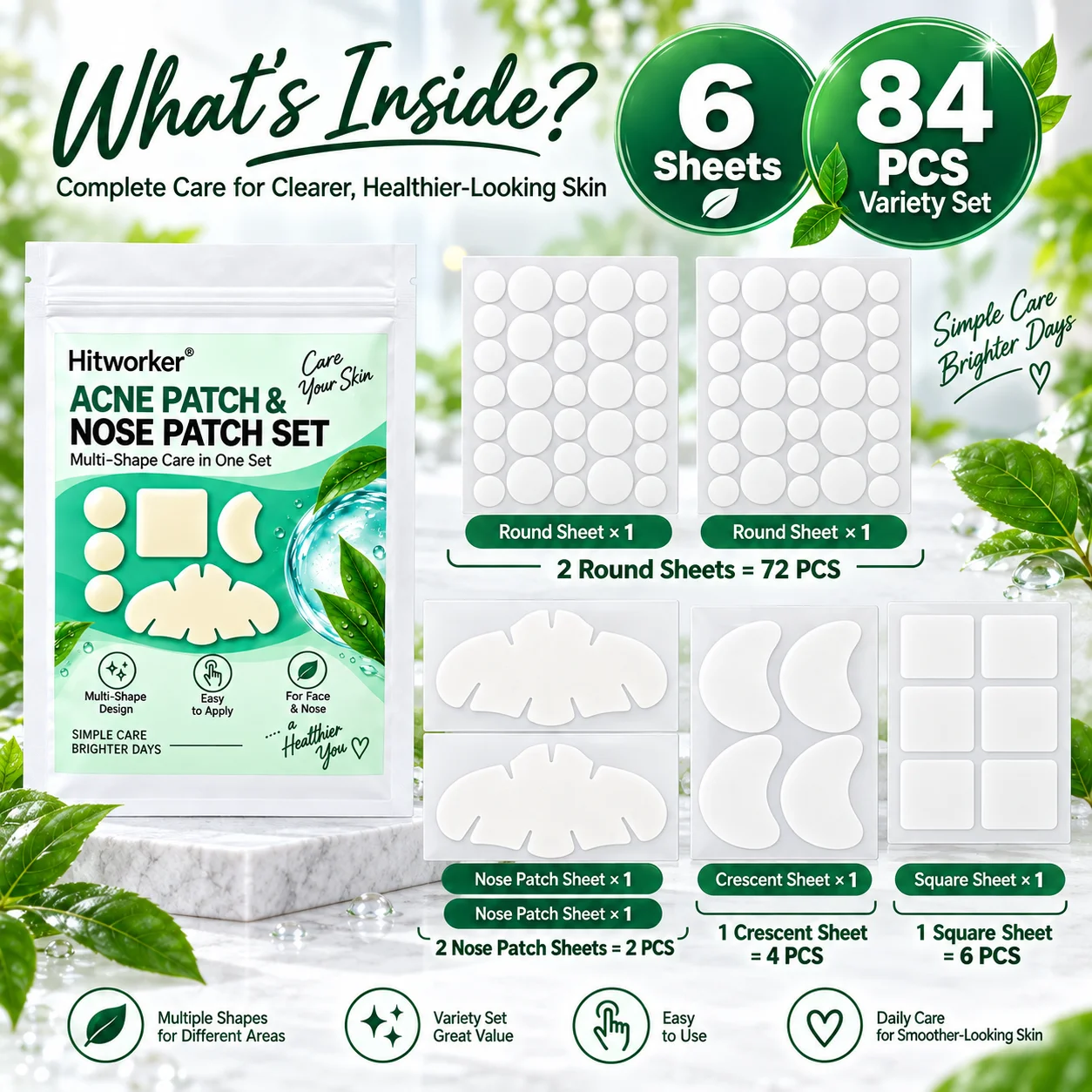 84PCS Hydrocolloid Pimple Patch & Nose Patch Set Multi Shape Round Square Crescent Face Patches Ultra Thin Daily Skin Care