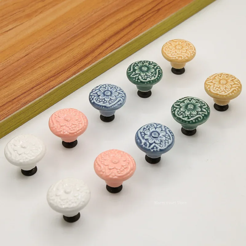 Single Hole Round Ceramic Knob Handle Flower Surface Cabinet Kitchen Door Drawer Handles Dresser Knobs Pulls Furniture Hardware