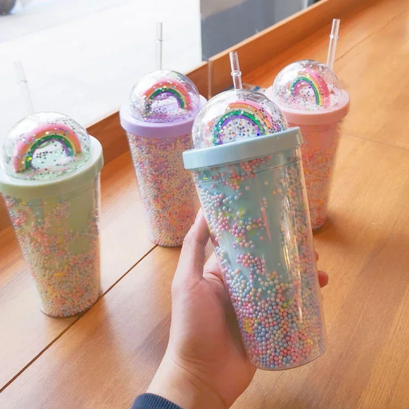 550ml Creative Rainbow Straw Fashion Large Capacity Double Layer Body Color Bead Drink Women\'s Plastic Water Cup