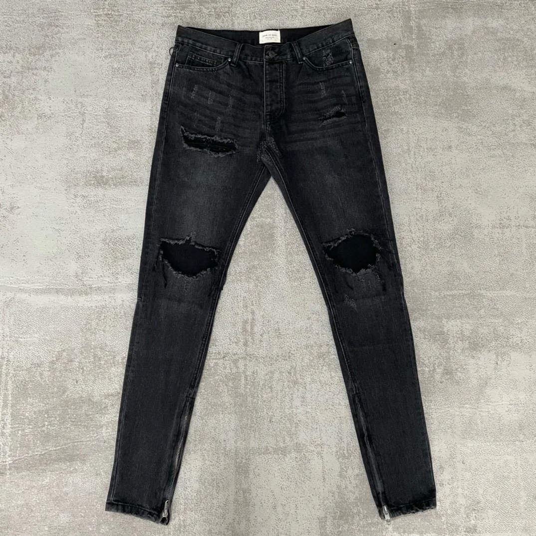 Blue Denim Jeans Essential 4th Hole High Street Black Beard Cumulative Long Pants Men's Casual Slim Fit Summer Jeans