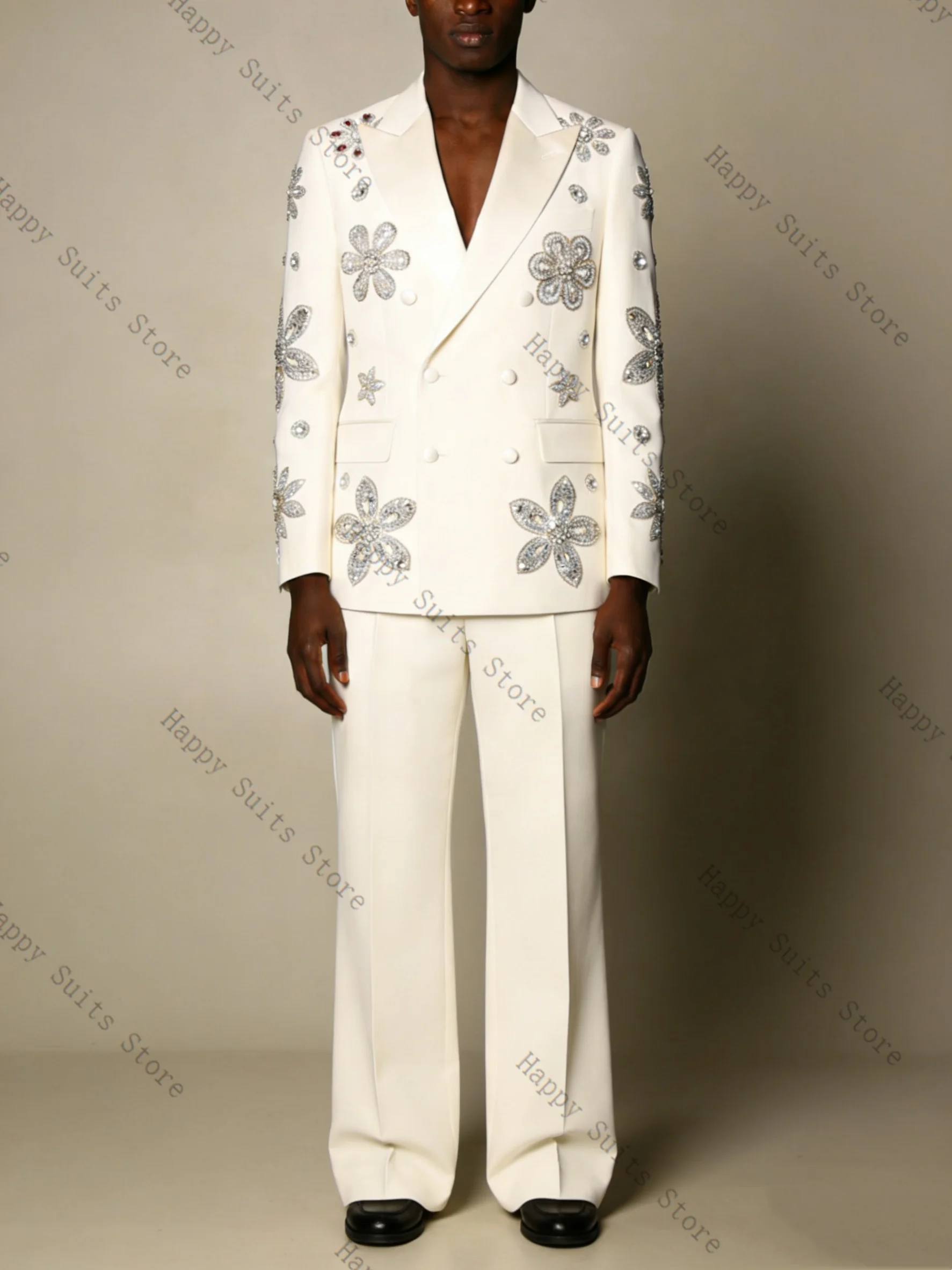 

Floral White Men Suit Set 2 Pcs Groom Blazer+Pants Trousers Shiny Formal Office Coat Wedding Tuxedo Customized Jacket Outfit