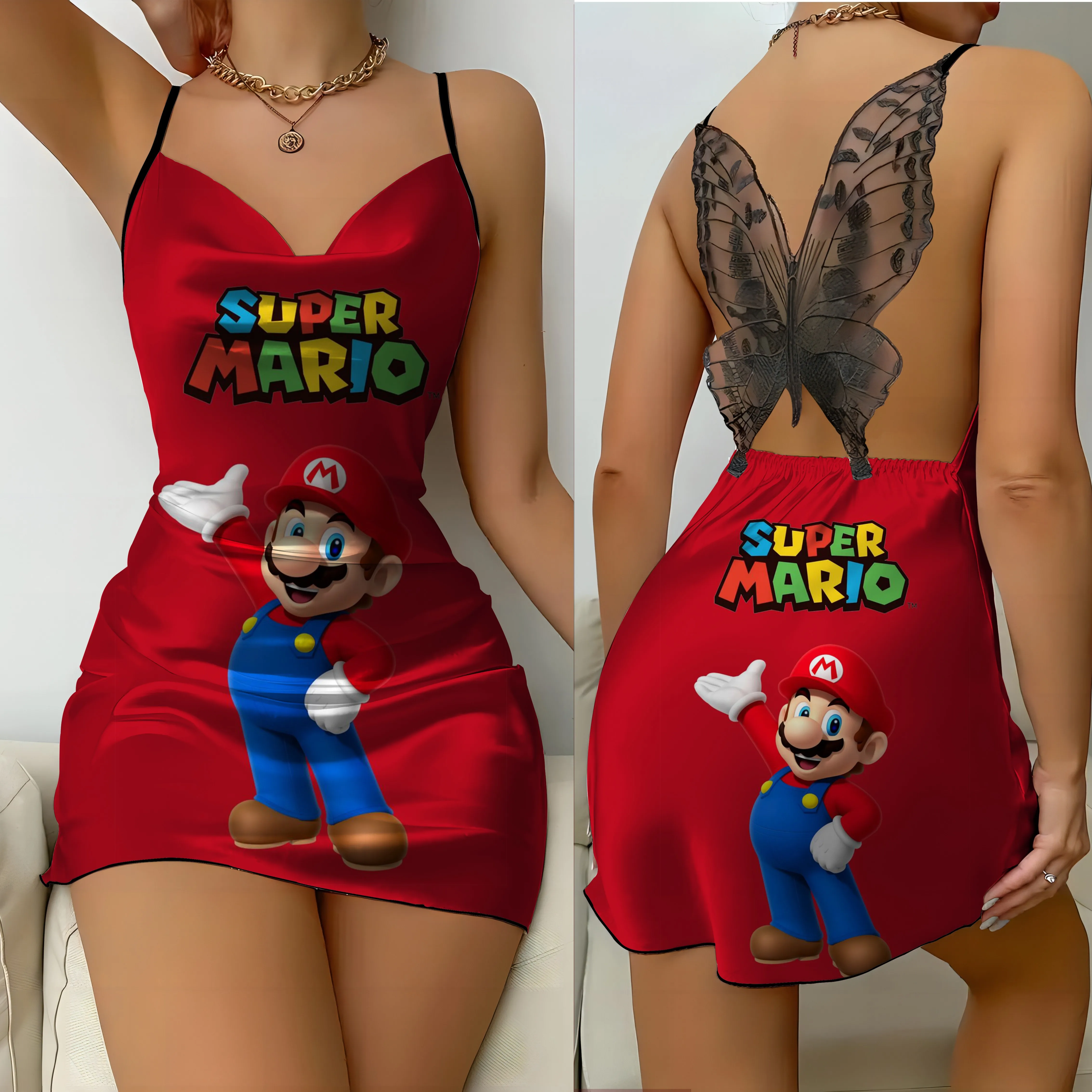 Vestido corto de encaje con espalda descubierta para mujer, minivestido Sexy con estampado de Mario satinado, falda de pijama con lazo para fiesta, verano 2024