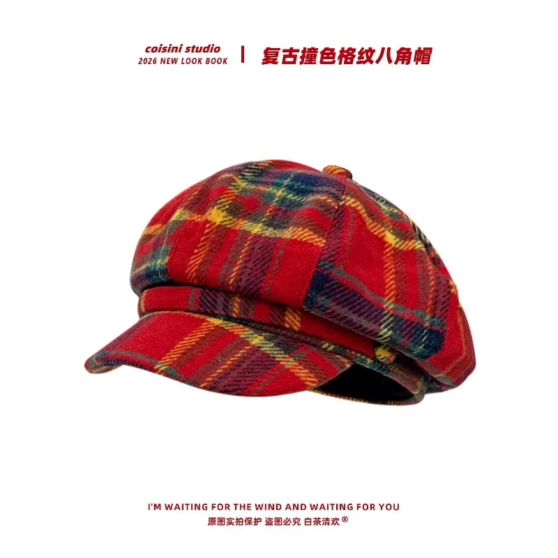 Herbst Winter Neue Retro Kontrastfarbene Karierte Baskenmützen für Frauen Outdoor Reise Warm Vielseitig Atmosphärisch Literarische Schiebermütze
