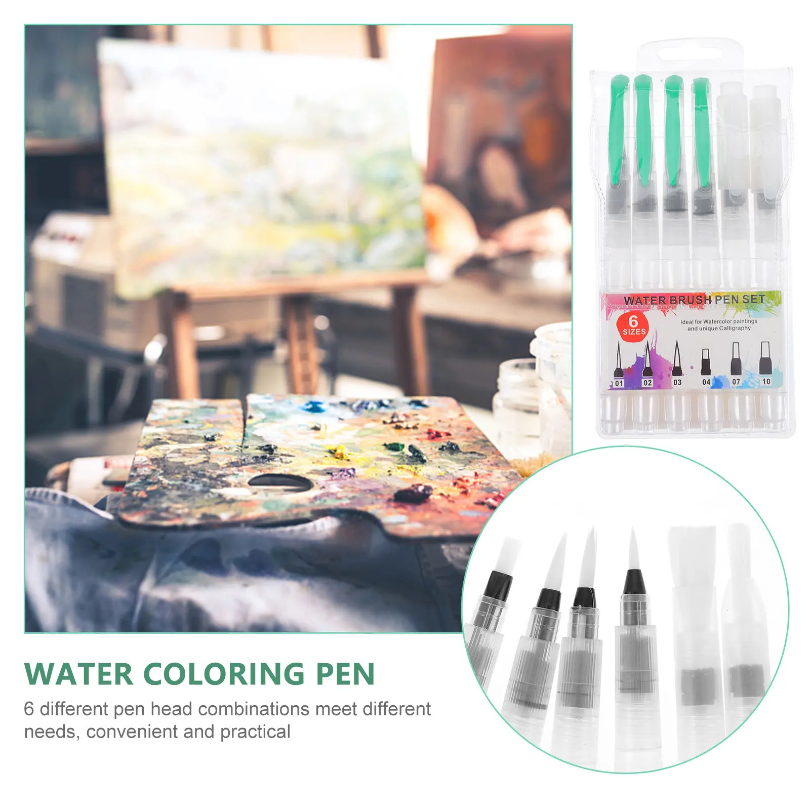 Watercolor Brush Pens Set 6pcs, Water-Soluble Ink for Blending, Shading & Calligraphy, Fine to Broad Lines