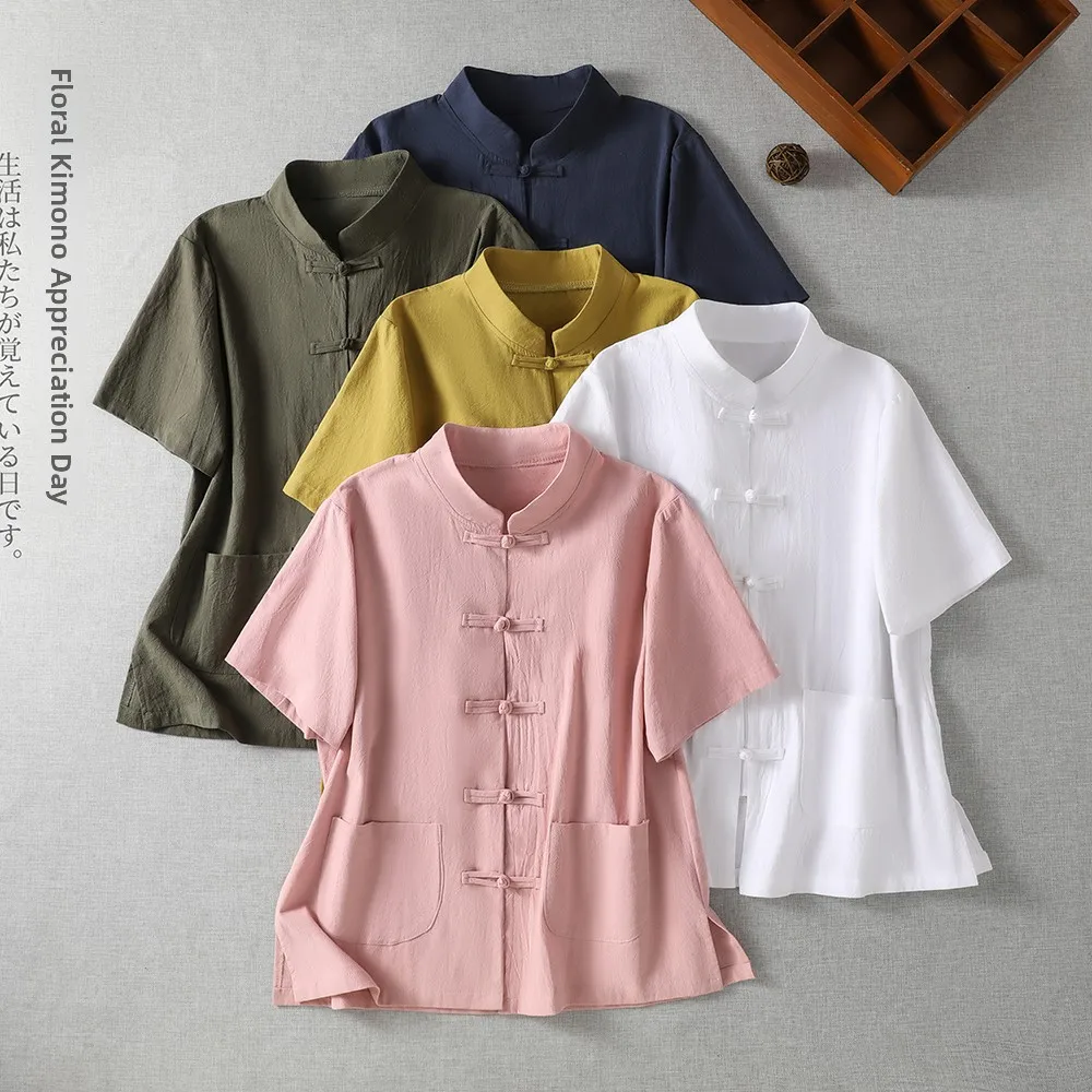 

Retro Artistic Cotton Linen Button up Shirt New Chinese Style Stand Collar Short Sleeve Zen Tea Service Open Cardigan Women's...