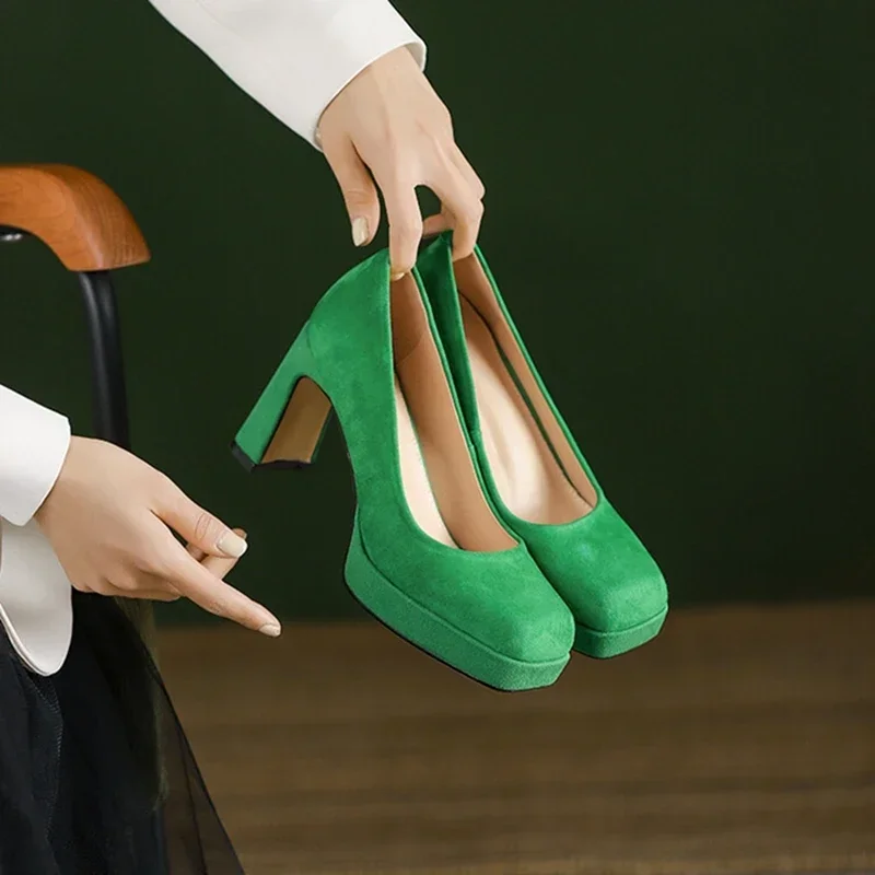 

NEW Spring/Autumn Women Pumps Sheep Suede Leather Shoes For Women Square Toe Chunky Heel Shoes Green High Heel Platform Shoes