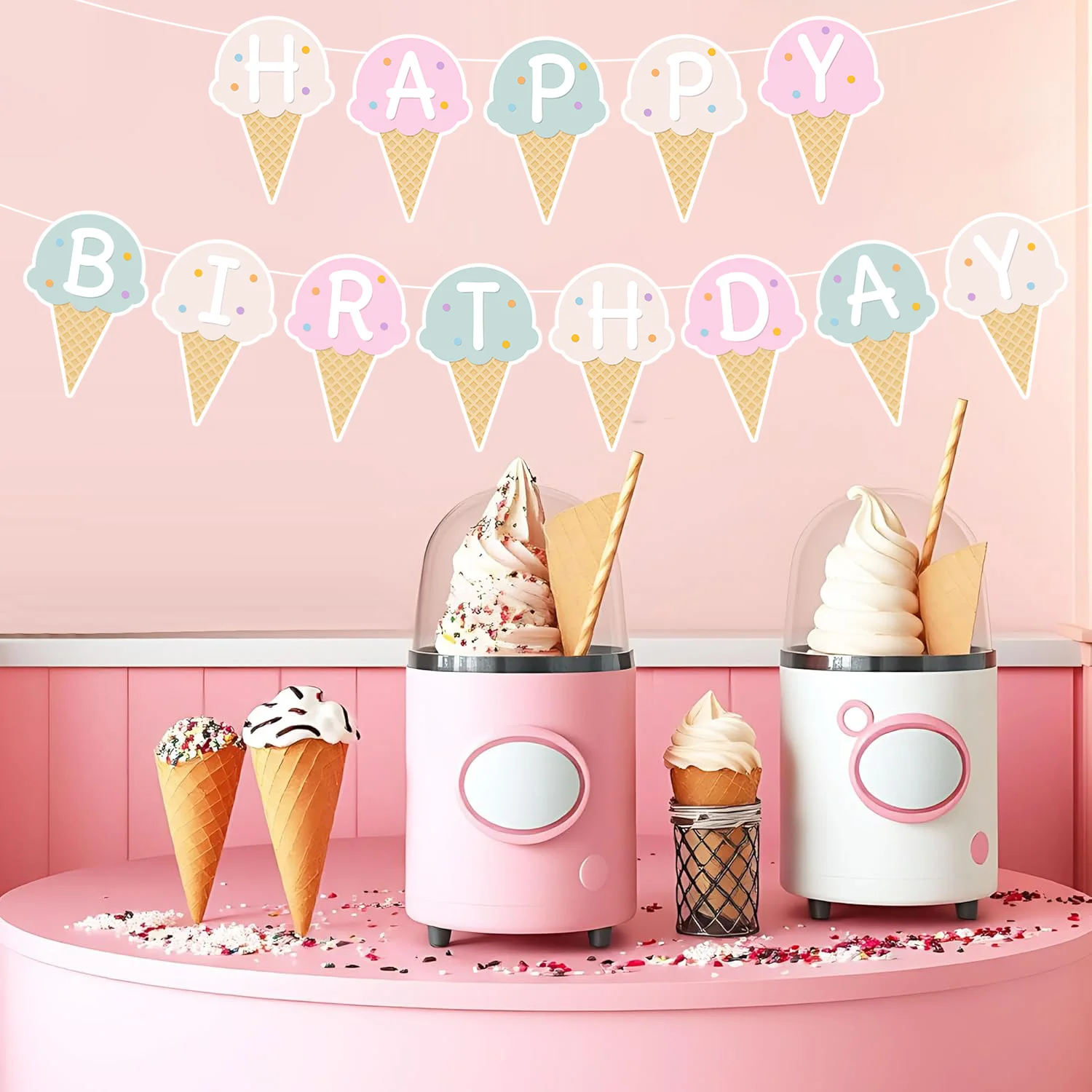 Colorful Paper Banners Ice Cream Shape Pull Flag Party Bunting Milk Tea Summer Theme Garland Decorative