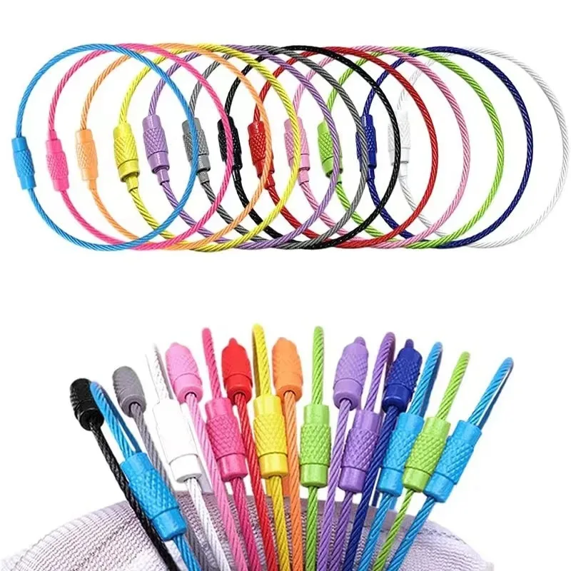 10pcs Colorful Stainless Steel Wire Keychain Cable Loop Screw Lock Rope Key Holder Keyring Key Chain Rings Outdoor Tools
