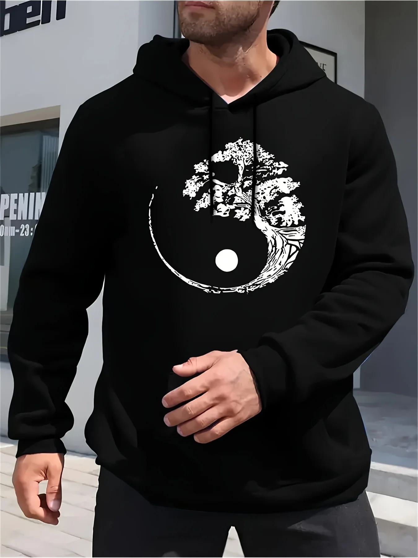 

Men'S Hoodie - Black with White Geometric Print, Loose Fit Pullover Sweatshirt, Machine Washable Hooded Sweater for Everyday