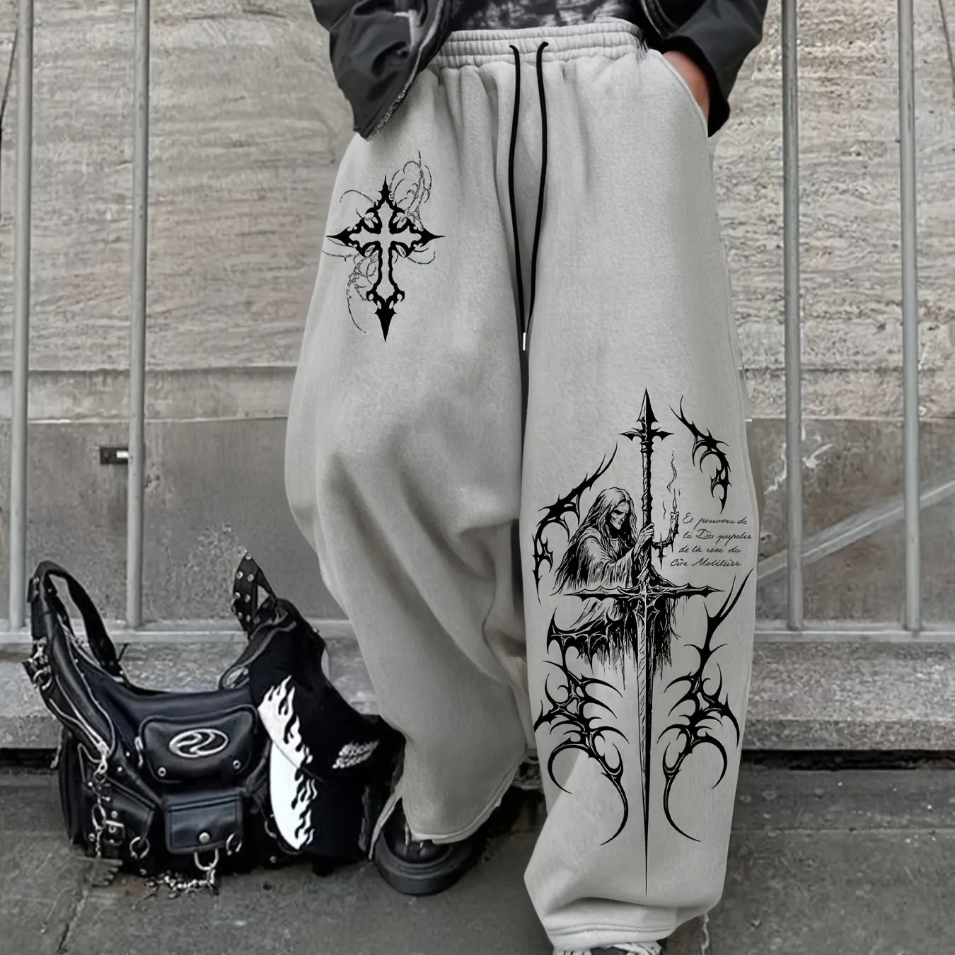 Men's Casual Sports Pants, Thorn Cross&Mage Pattern Printed Sweatpants, Drawstring Wide Leg Casual Pants