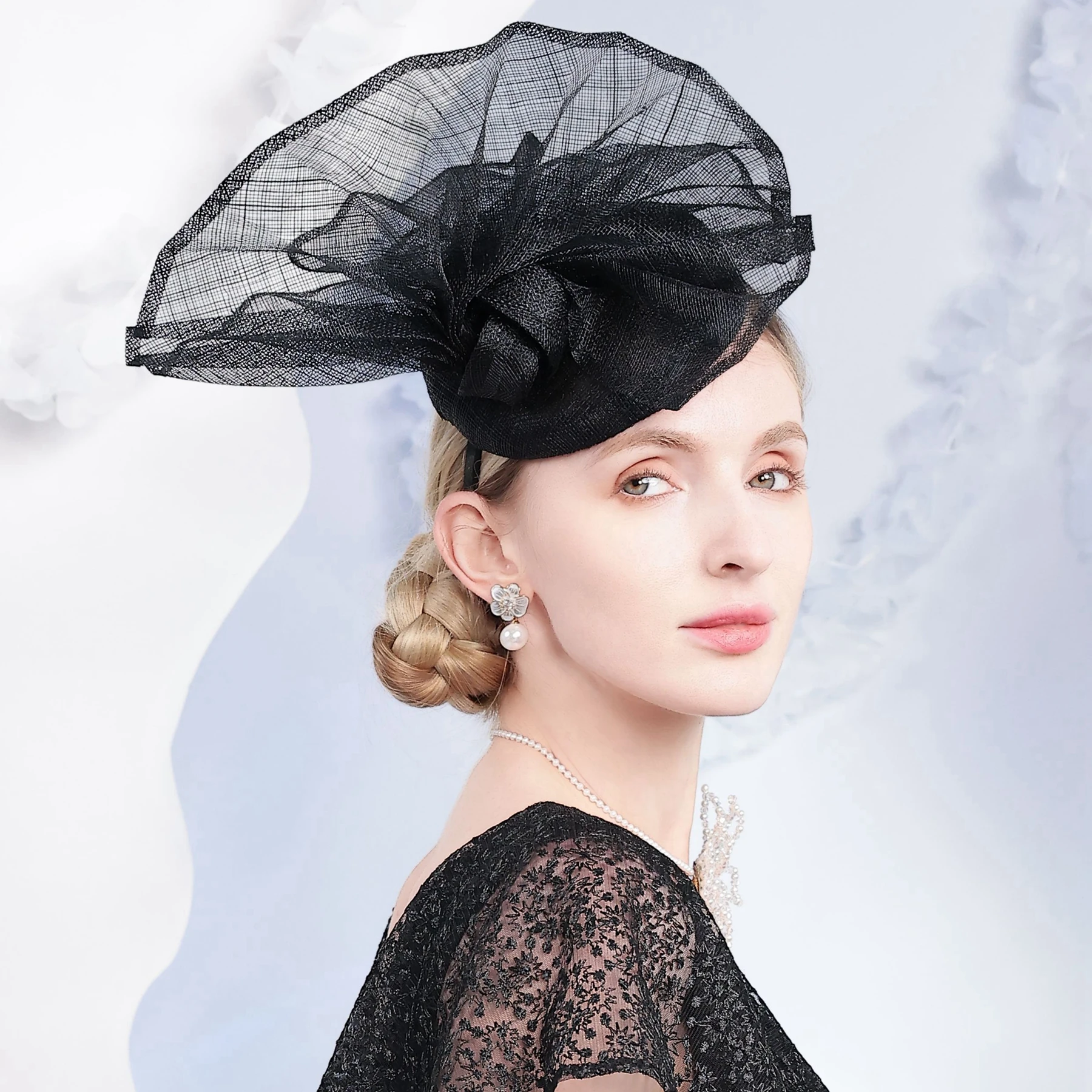

FS 2025 Black Luxury Sinamay Hat for Kentucky Derby, Church Banquets - Lightweight Fascinator for Tea Parties & Cocktail Events