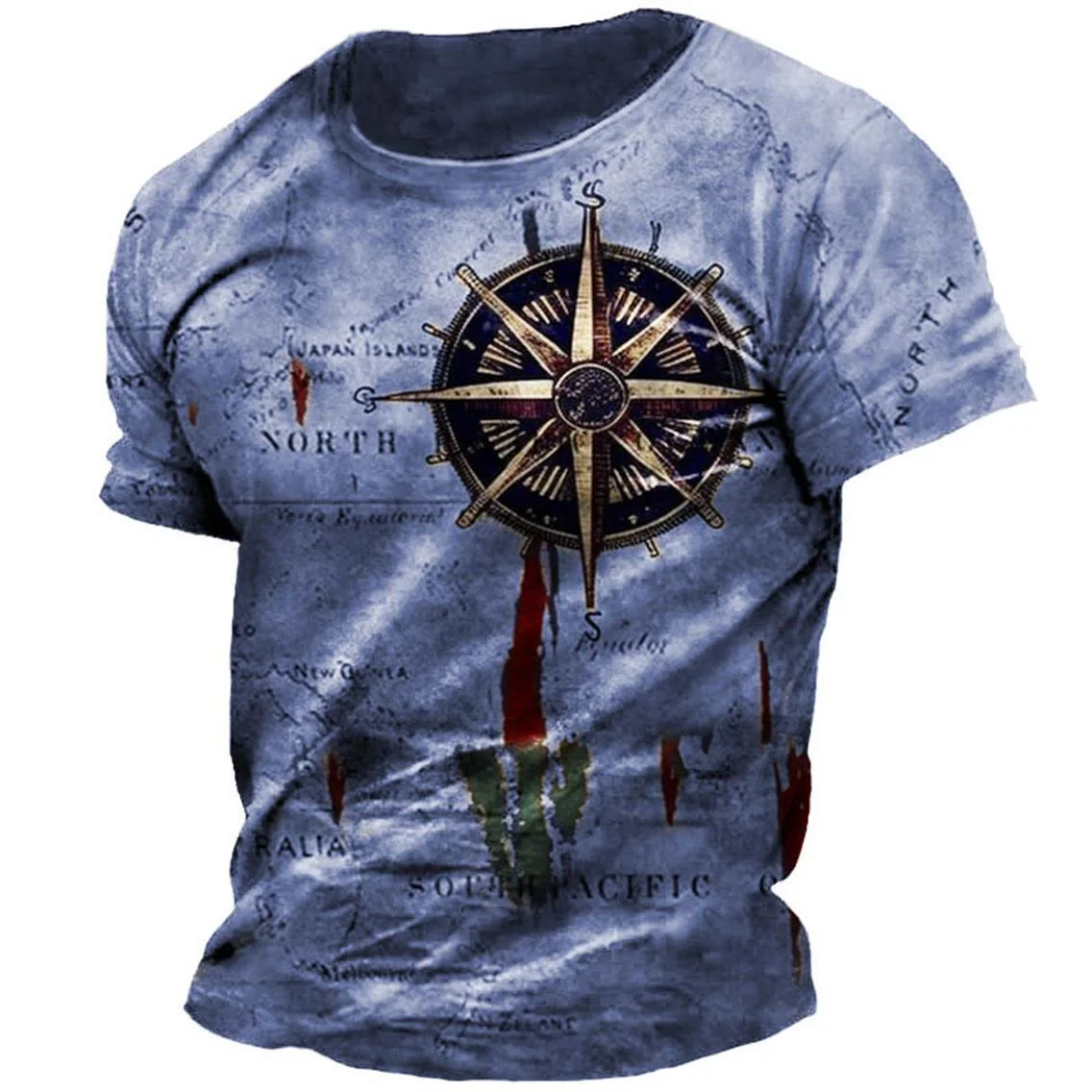 

New Men's T-shirt Vintage Compass Print Shirt Summer O Neck Casual Short Sleeve Tops Male Oversized Sweatshirt Daily Streetwear