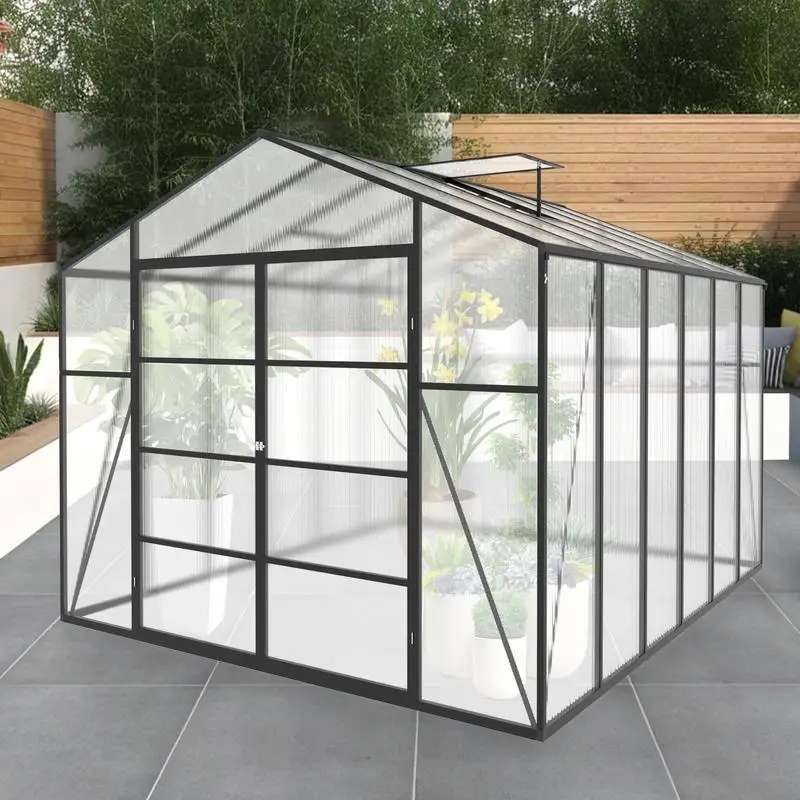 

10x12 FT Windproof Aluminum Walk-in Greenhouse with Polycarbonate Panels and Raised Base for All-Season Outdoor Use