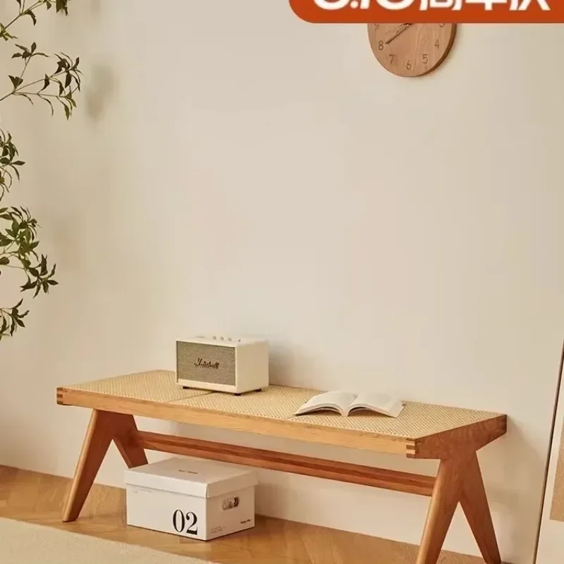 Wooden rattan shoe changing stool cherry wood Nordic designer Japanese style