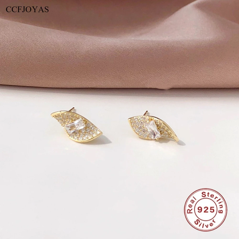 

CCFJOYAS 100% 925 Sterling Silver Exquisite Leaf Curved Sparkling Zircon Earrings for Women Simple Japanese style Stud Earrings