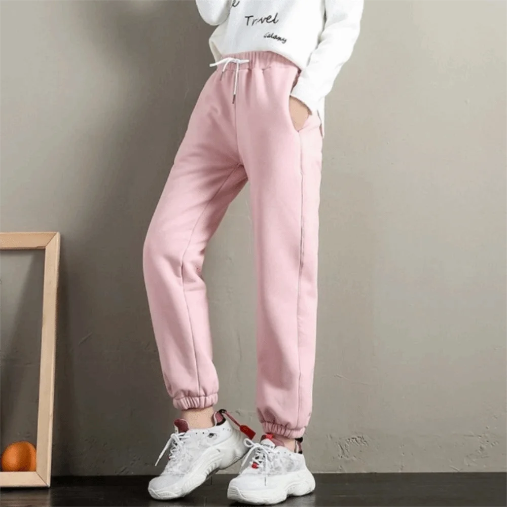 

High Waist Fleece Lined Joggers Adjustable Drawstring Fleece Lined Plush Pants Stretchy Solid Color Harem Pants Street Wear