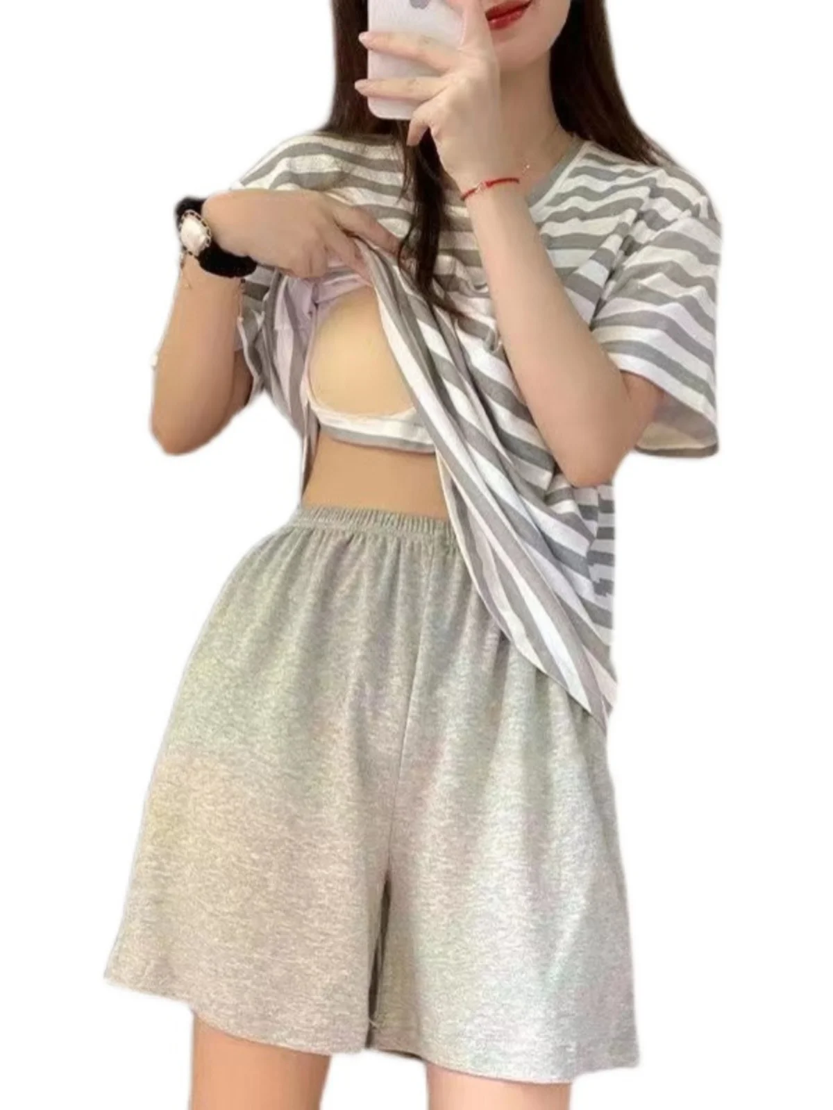 

Women's Summer Spwear ort Sve Thin Striped Home Clothes Two-Piece Set with Chest Pad Milk Silk round Ne Pullover