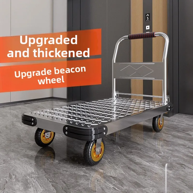 Foldable Hand Truck Cargo Cart Portable Four-Wheel Steel Plate Flatbed for Delivery Warehouse Home Commercial Utility