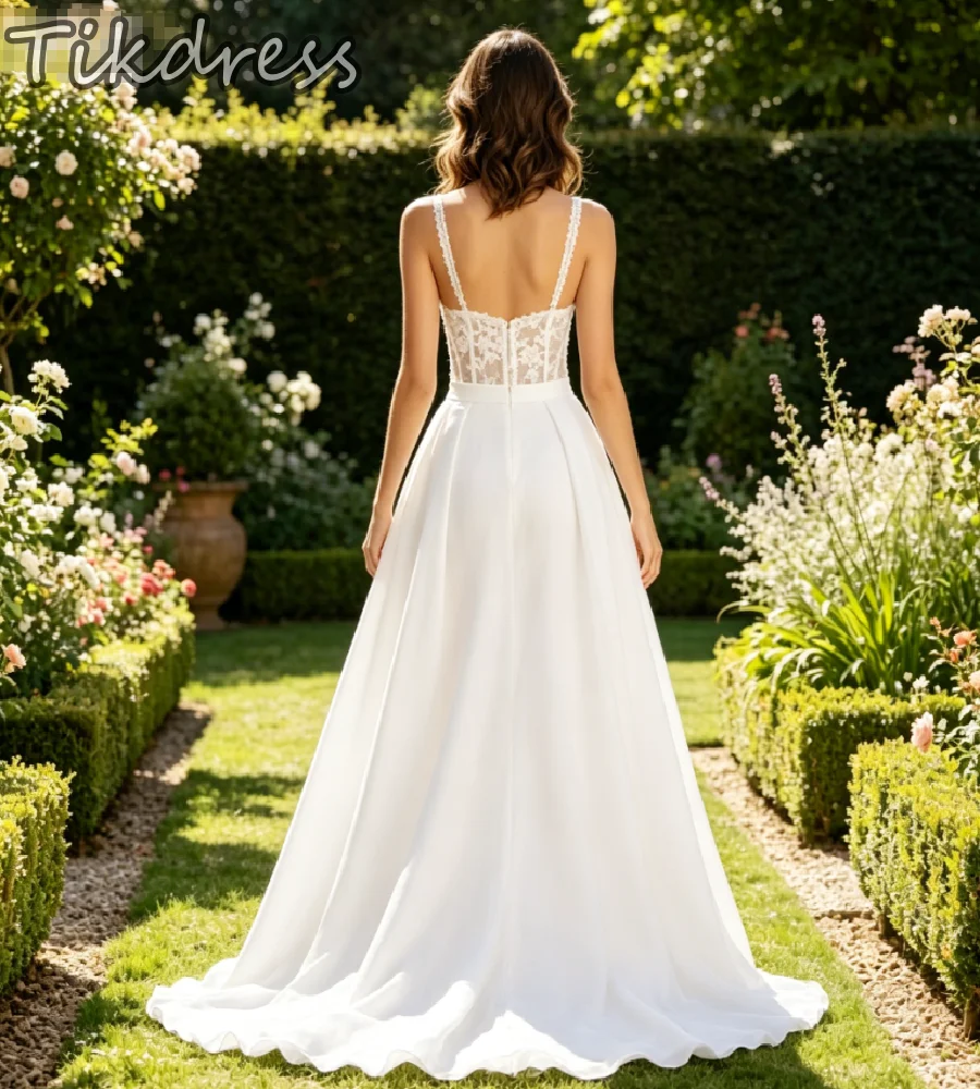 2026 Boho Wedding Jumpsuit Dress Spaghetti Strap V Neck Lace Satin Wide Leg Pants With Overskirt Train Elopement Beach Bride