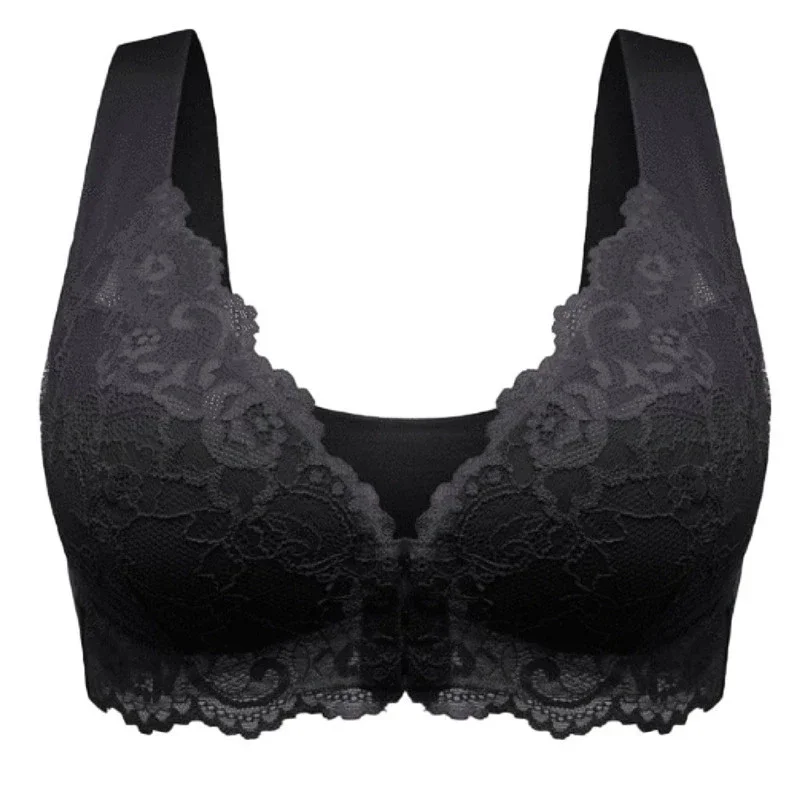 Ropa interior Sexy para mujer, sujetadores de realce, talla grande, Sujetador de encaje sin costuras, cierre frontal, Bralette inalámbrico