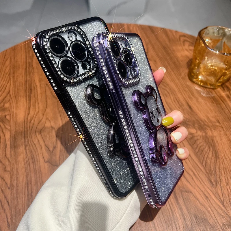 Glitter Teddy Bear Case with Lighting Luxury Fashion Cover For iPhone 17 ProMax Air 16 Pro 15 14 Plus 13 Pro Max 12 11 ProMax view 2